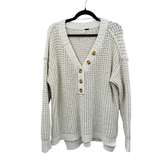 Free People ivory white waffle henley oversized sweater - Picture 2 of 5